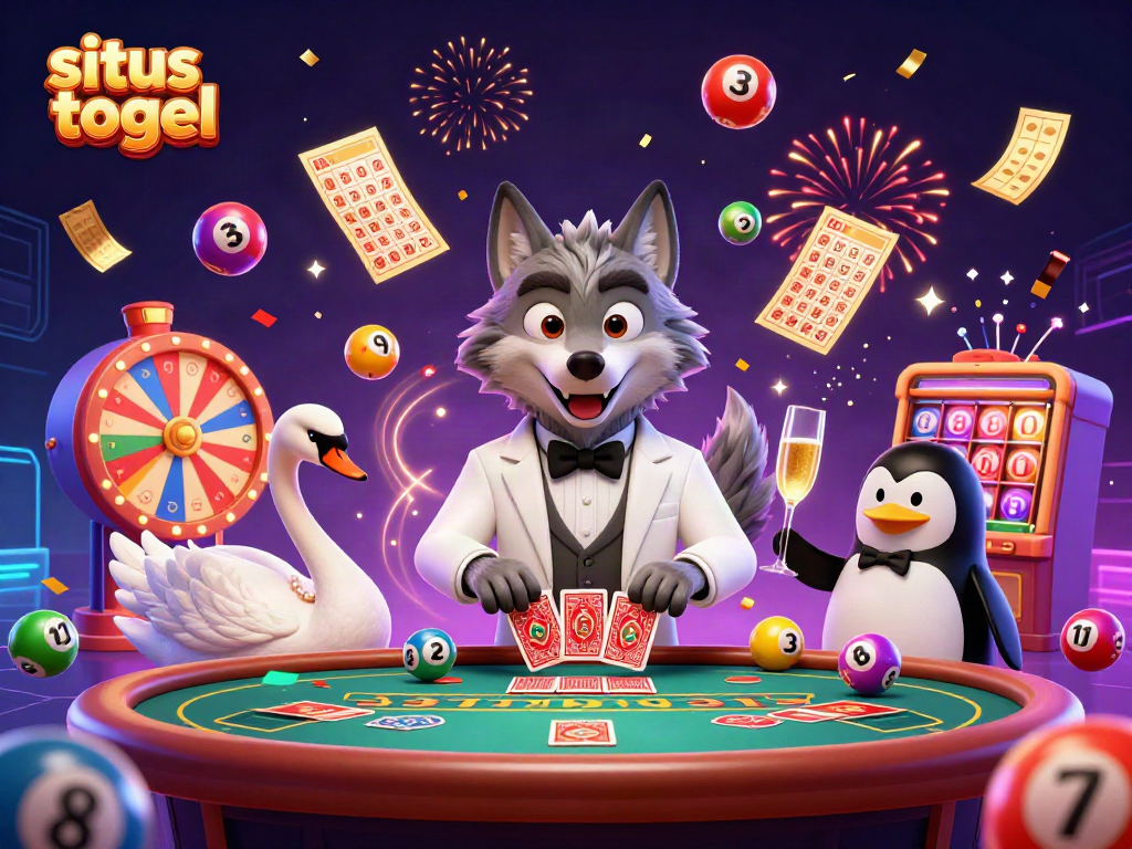 Engaging scene depicting situs togel with vibrant casino characters enjoying a lottery celebration.