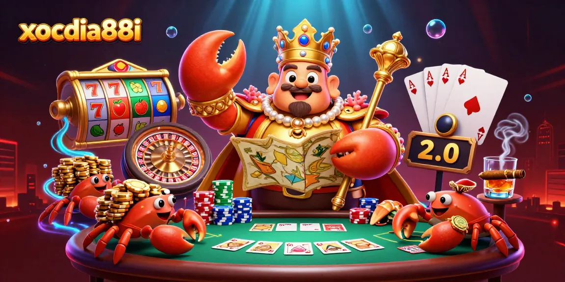 Xocdia88i showcases a dynamic scene with a golden crab emperor and exciting gambling elements.