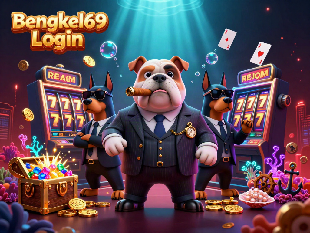 Experience the thrilling Bengkel69 Login with colorful slot reels and mafia characters in an immersive casino scene.