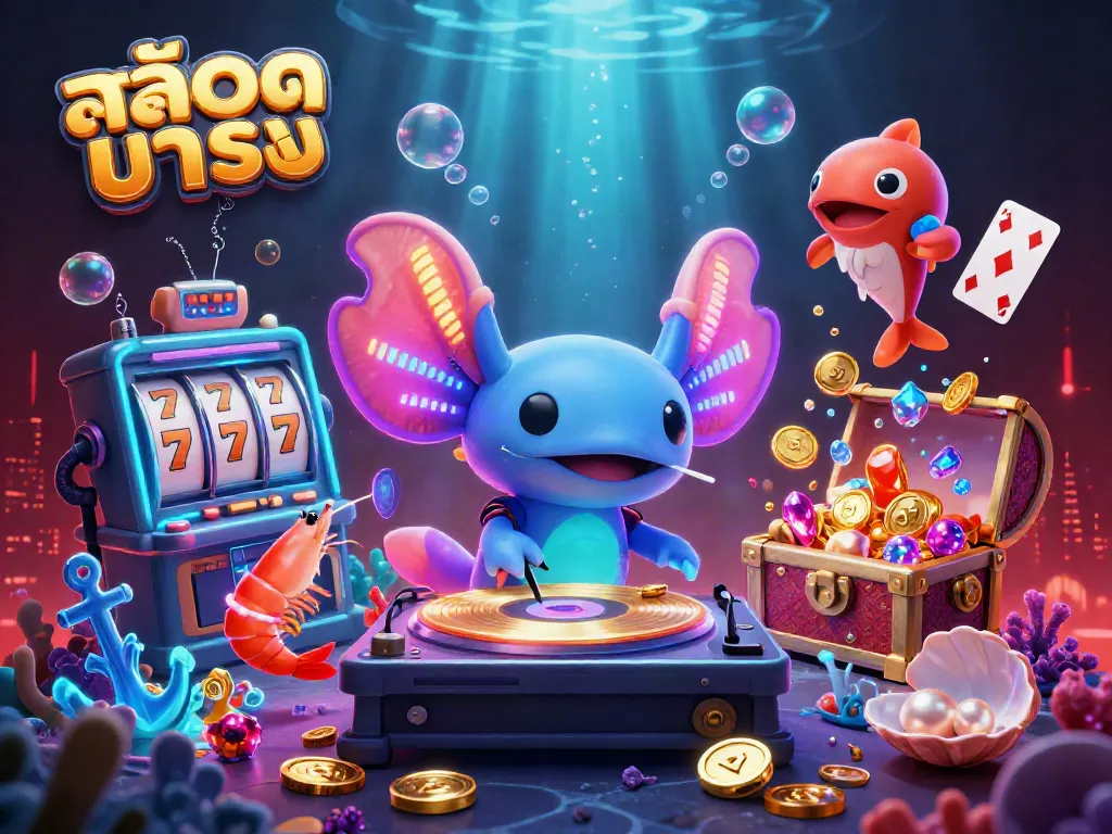 ภาพการ์ตูน 3D สล็อตมาแรง พร้อม DJ นำเสนออยู่ระหว่างการเต้นรำและรวยด้วยทองคำ