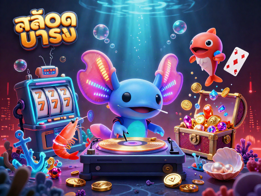ภาพการ์ตูน 3D สล็อตมาแรง พร้อม DJ นำเสนออยู่ระหว่างการเต้นรำและรวยด้วยทองคำ