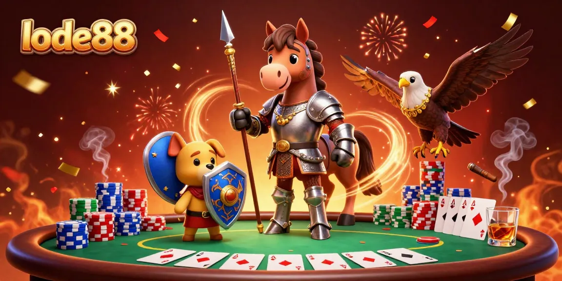 Engage with lode88's thrilling poker table scene featuring a knight and his companions.