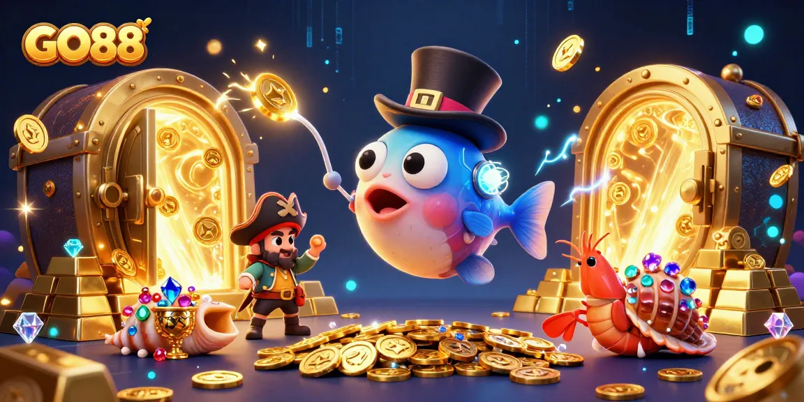 Engage in thrilling gameplay at GO88 with vibrant characters and golden treasures in a dynamic casino scene.