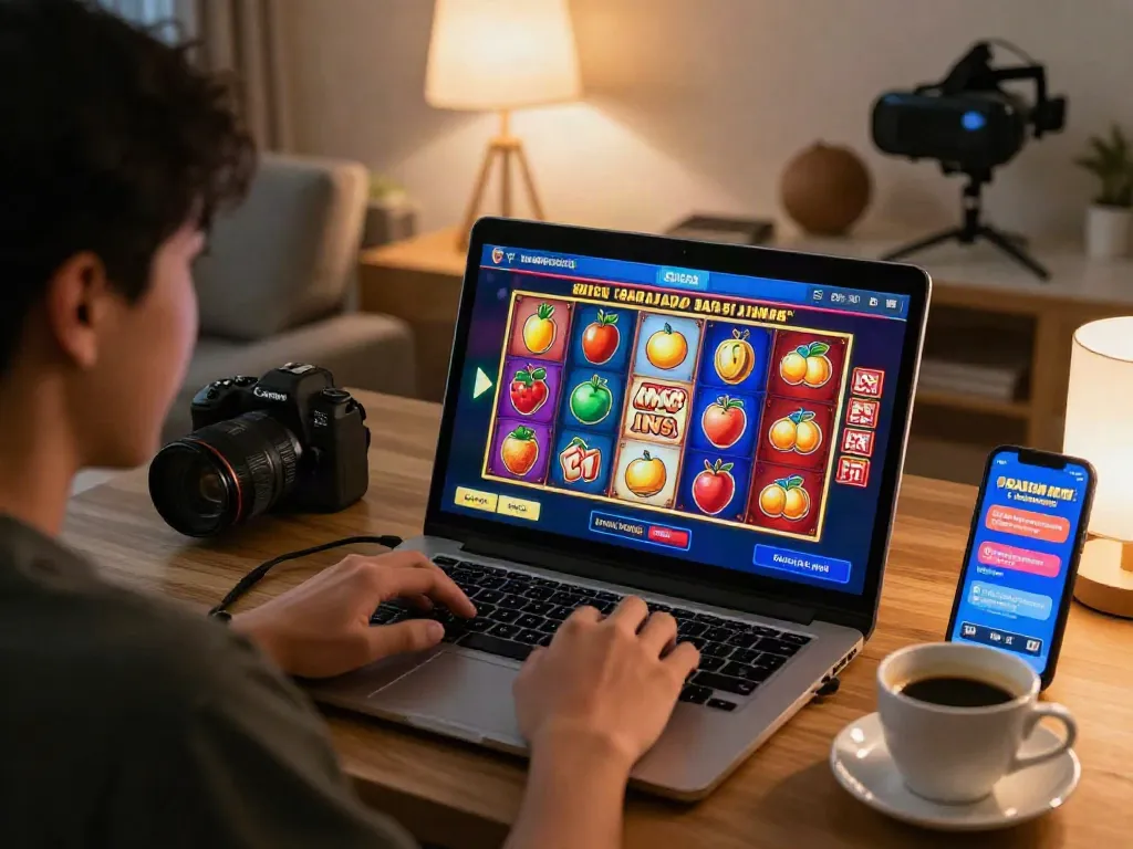 Experience the thrill of slot gacor hari ini on a laptop with vibrant graphics and cozy home setting.