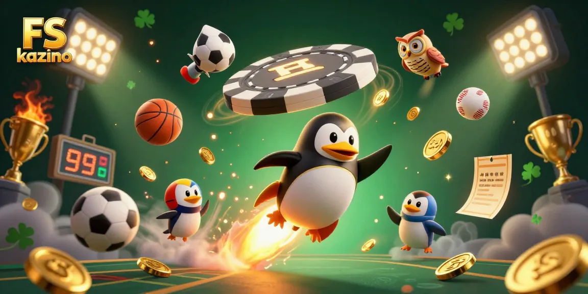 Experience the thrill of FS kazino as a golden penguin rockets toward a poker chip casino, surrounded by dynamic sports elements.