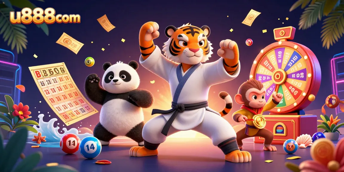 Join the fun with u888com in this vibrant casino-themed illustration featuring a kung fu tiger master.