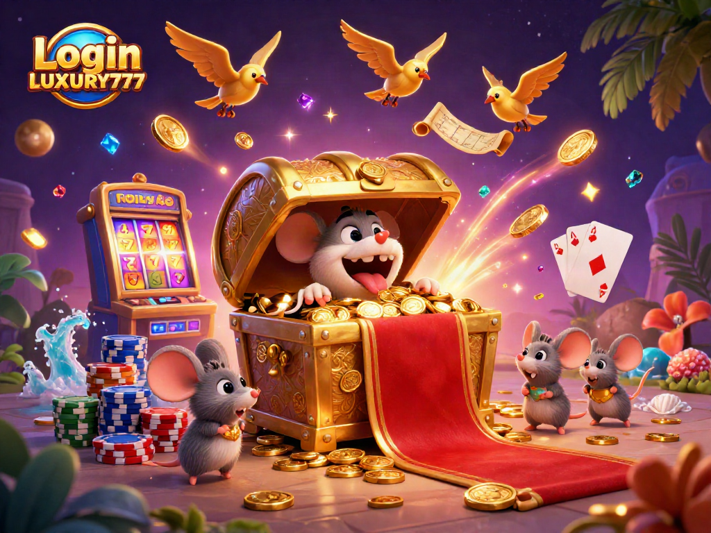 Log in ke akun Login LUXURY777 dengan peti harta karun berani dan koin emas menyebar.