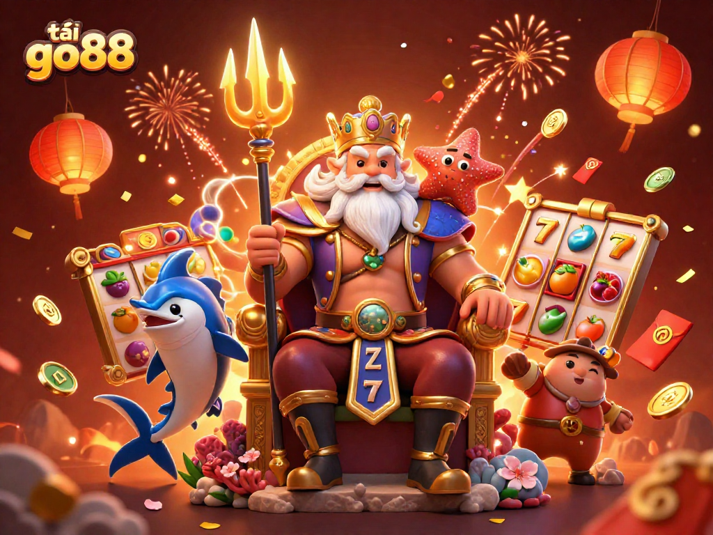 Engage in the excitement and thrill of tải go88 with a vibrant 3D illustration featuring Neptune and casino elements.