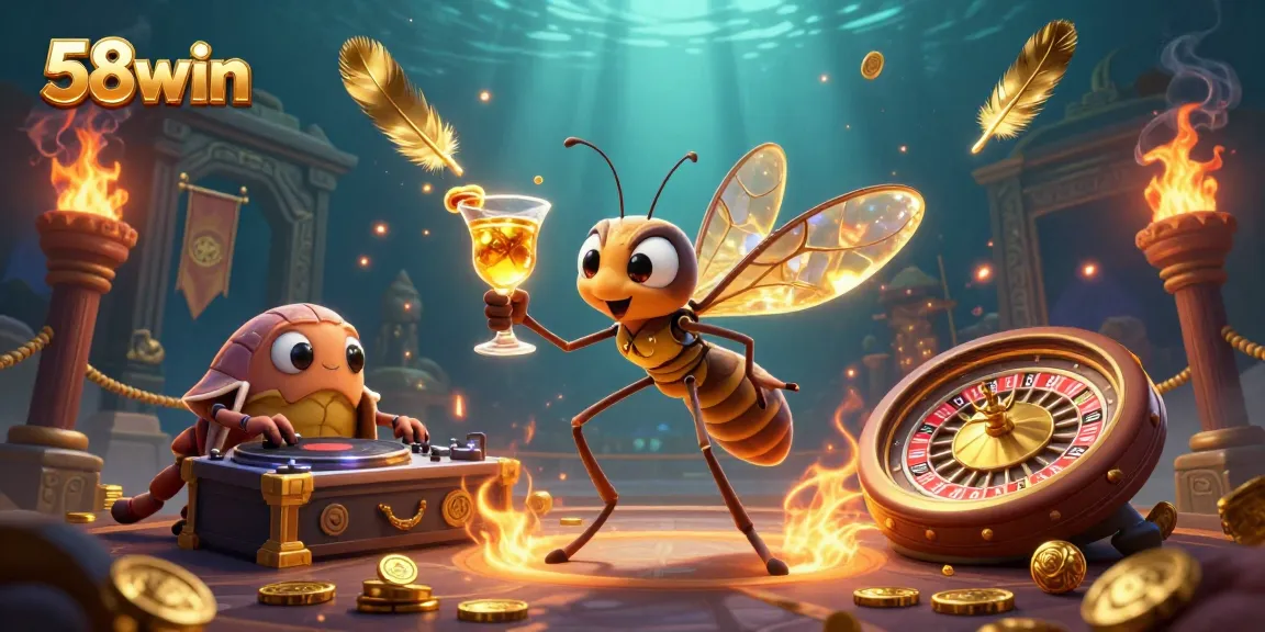Experience the thrill of 58win with a whimsical illustration of a casino mascot and dynamic gaming elements.
