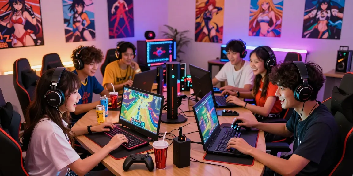 Players immersed in exciting hentai games, enjoying vibrant gaming environment.