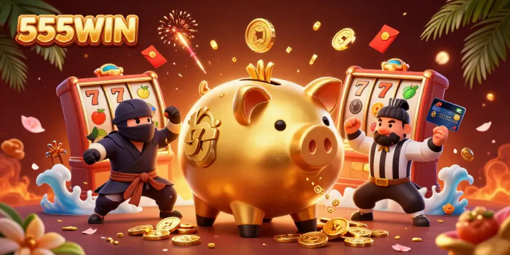 Experience 555WIN with a dynamic showdown of characters in a vibrant casino scene filled with action and excitement.