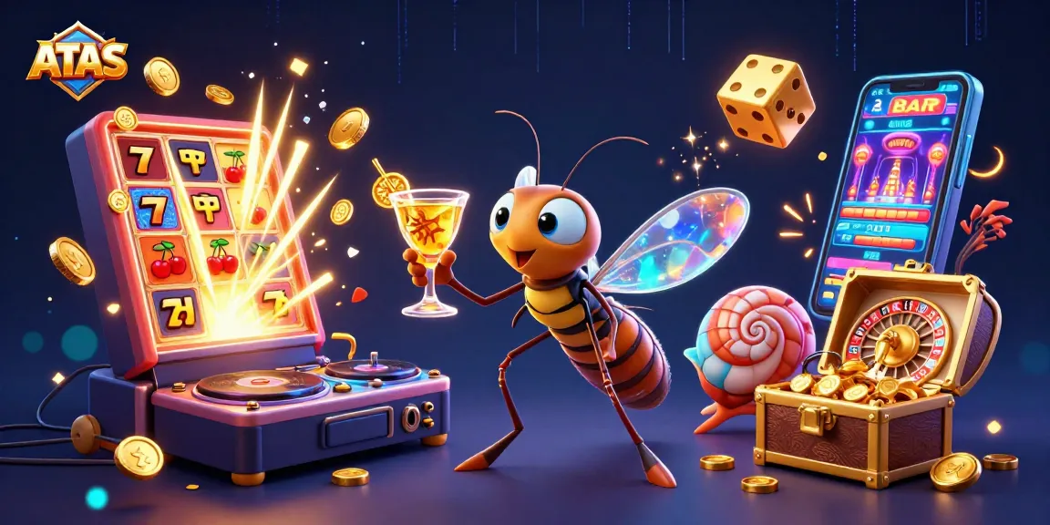 ATAS casino mascot and trilobite DJ celebrate joyfully amid slot machine jackpots and gaming elements.
