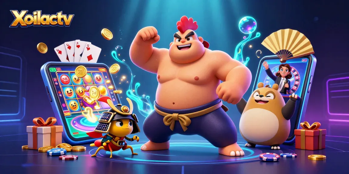 Xoilactv showcases a powerful sumo rooster, a fierce cricket, and a tanuki amidst vibrant casino elements.