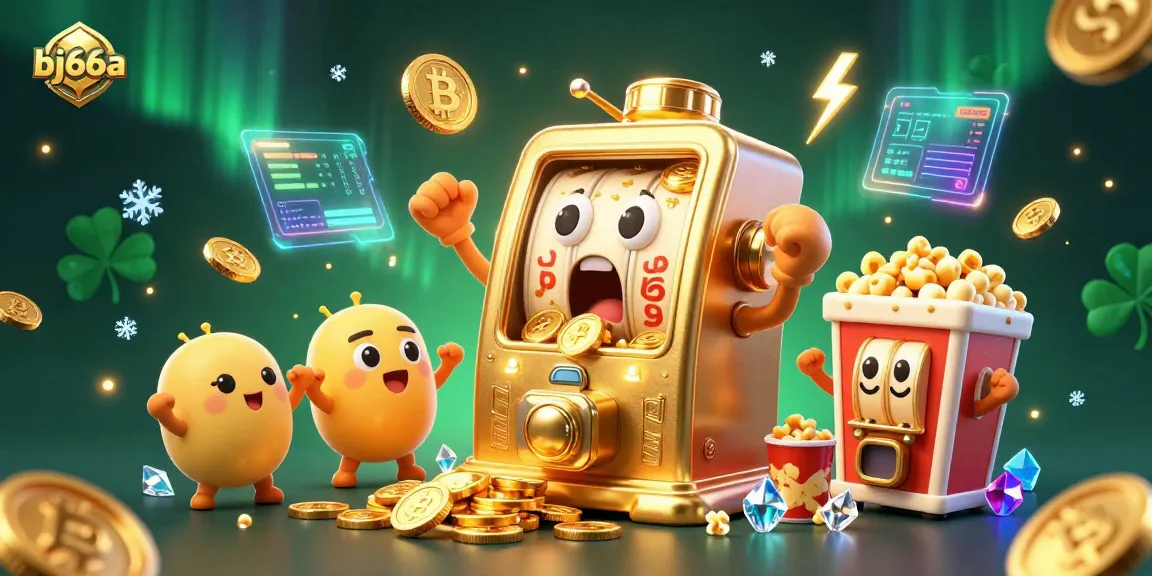 Experience excitement at bj66a casino with vibrant 3D scene featuring animated slot machines hitting jackpots.