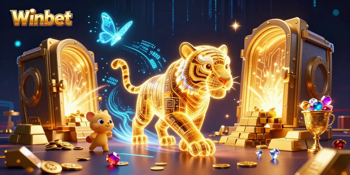 Winbet mesmerizing scene features a glowing tiger amid a digital casino landscape filled with sparkling treasures.