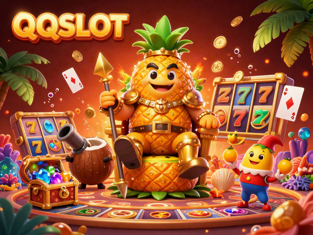 Experience QQSLOT excitement with a golden pineapple king and vibrant slot elements in action.