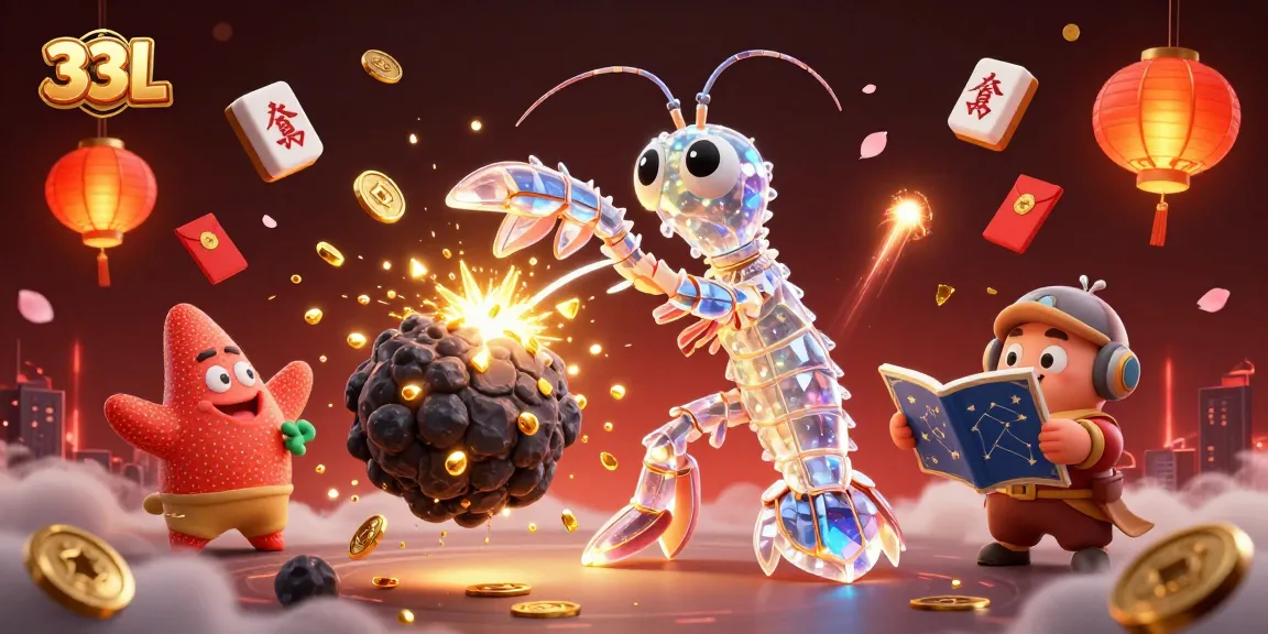 Experience 33L's vibrant gaming world with a galactic mantis shrimp and starfish in a dynamic casino scene.