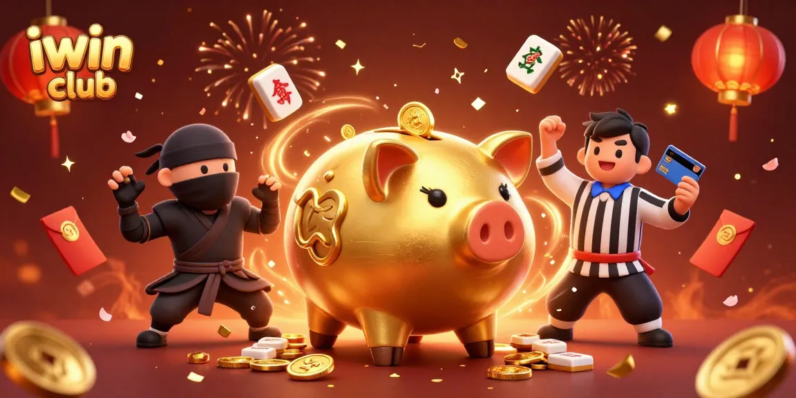 Engage with iwin club’s vibrant 3D scene featuring a golden piggy bank and dynamic casino elements.