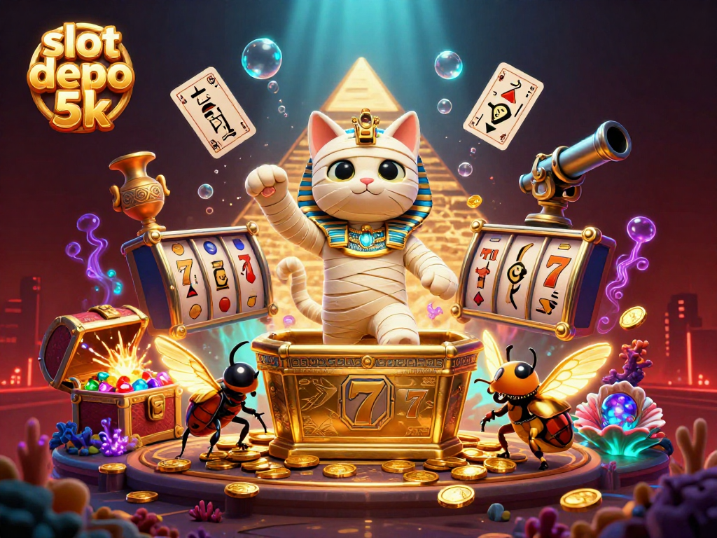 Experience thrilling wins with slot depo 5k at a vibrant casino featuring Egyptian gambling characters.