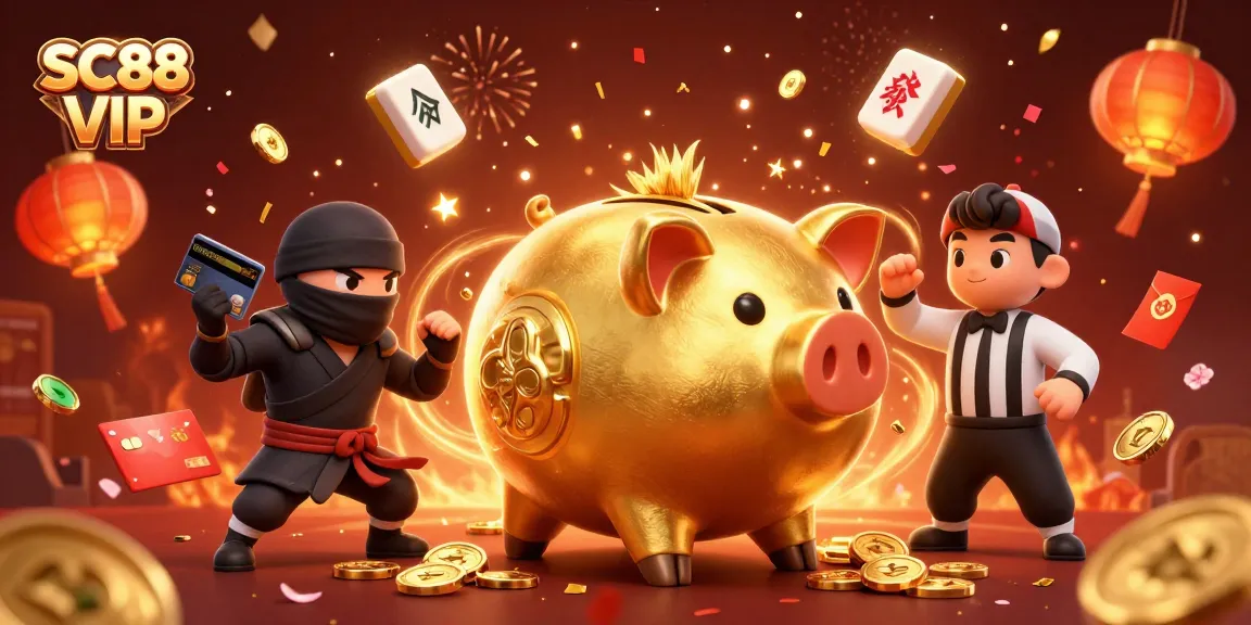 Engage with SC88 VIP's vibrant casino atmosphere as the golden piggy bank wrestler celebrates winnings amidst dynamic game elements.