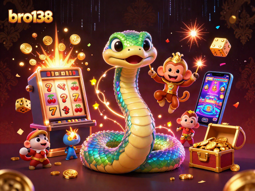 Spin and win at bro138 with vibrant 3D casino scene featuring a jackpot explosion and colorful games.