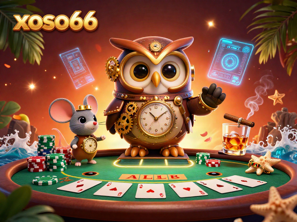 Engage in exciting gaming at xoso66 with a vibrant casino scene featuring a steampunk owl and poker elements.
