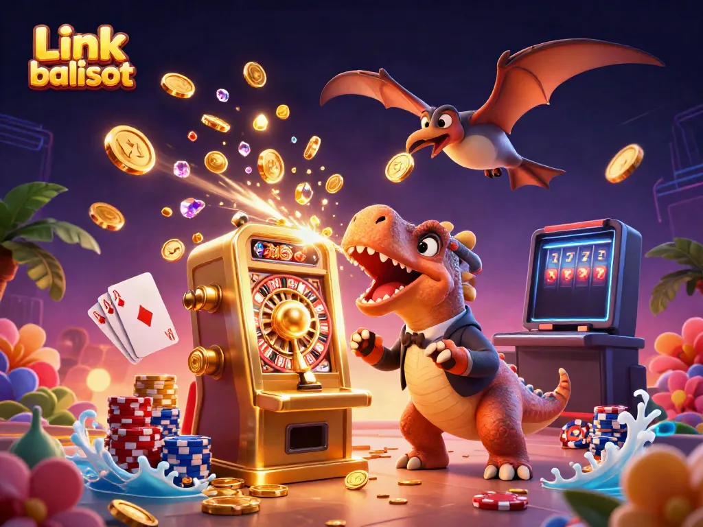 Experience the excitement of Link balislot with a thrilling scene of cartoon dinosaurs in a lively casino setting.