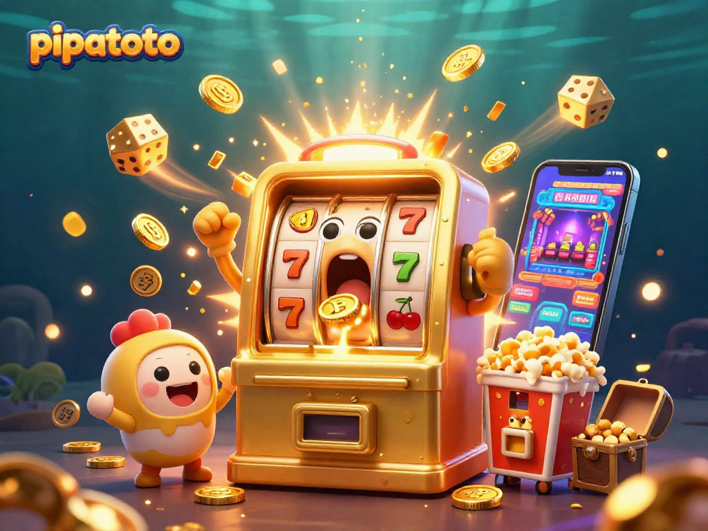 Pipatoto celebrates winnings with a lively illustration of a jackpot golden slot machine bursting with coins and cheering companions.