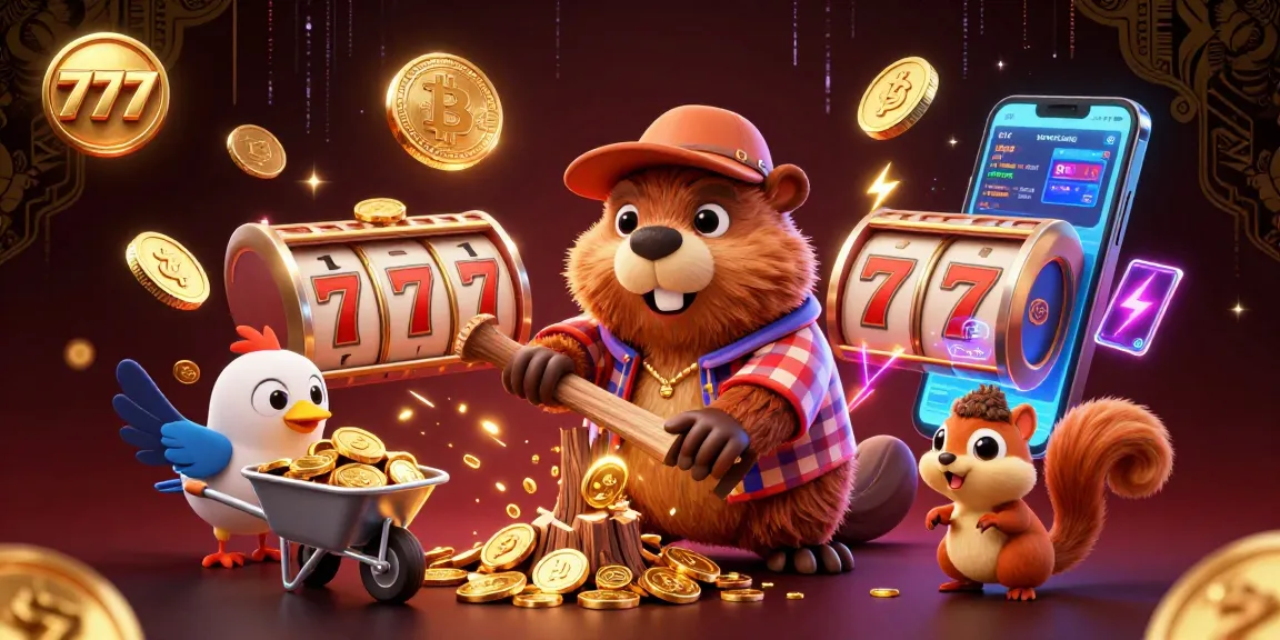 Spin the 777 reels with a lively scene featuring cartoon characters collecting golden coins.