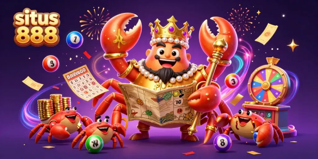 Ilustrasi 3D meriah menampilkan situs 888 dengan kepiting emas, bola lotere, dan keceriaan perjudian.