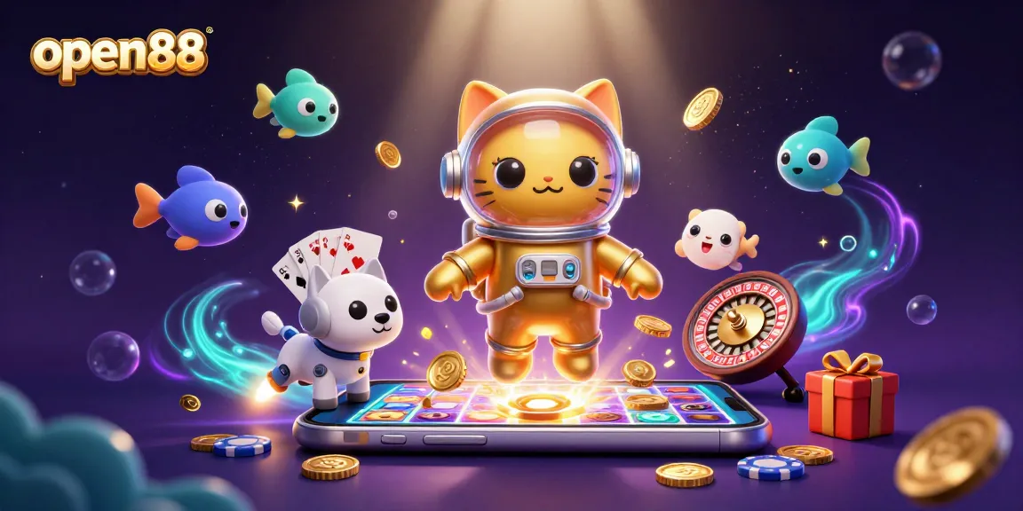 Engage with thrilling open88 slot games as the golden astronaut cat floats in space with vibrant casino elements.