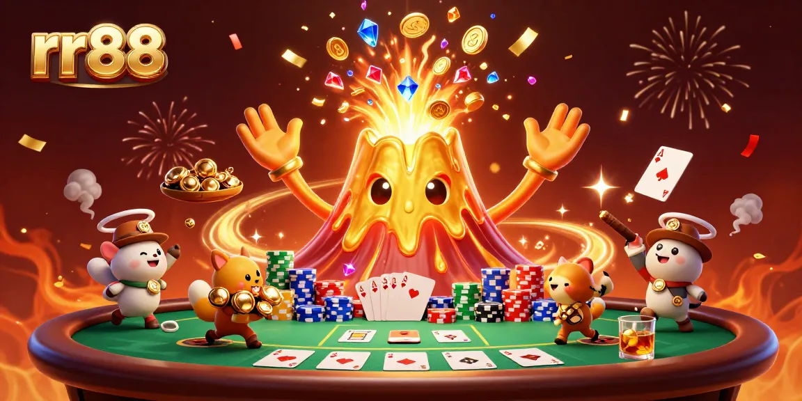 Experience high-energy gaming at rr88 with a golden volcano erupting treasure amid vibrant poker elements.