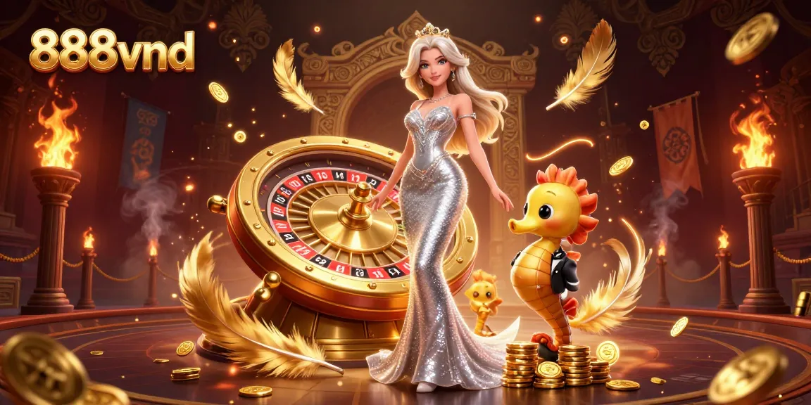 Immerse in 888vnd's thrilling casino scene showcasing a glamorous woman, roulette wheel, and vibrant gaming elements.
