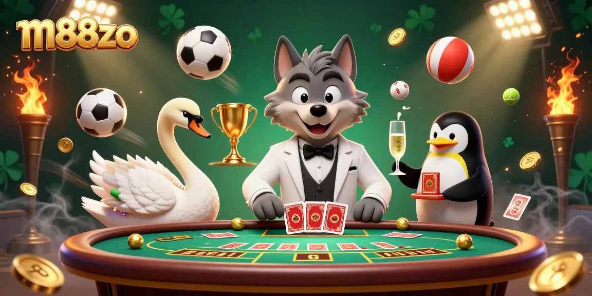 Experience exciting gameplay at m88zo with characters amidst a vibrant casino scene floating with sports elements.