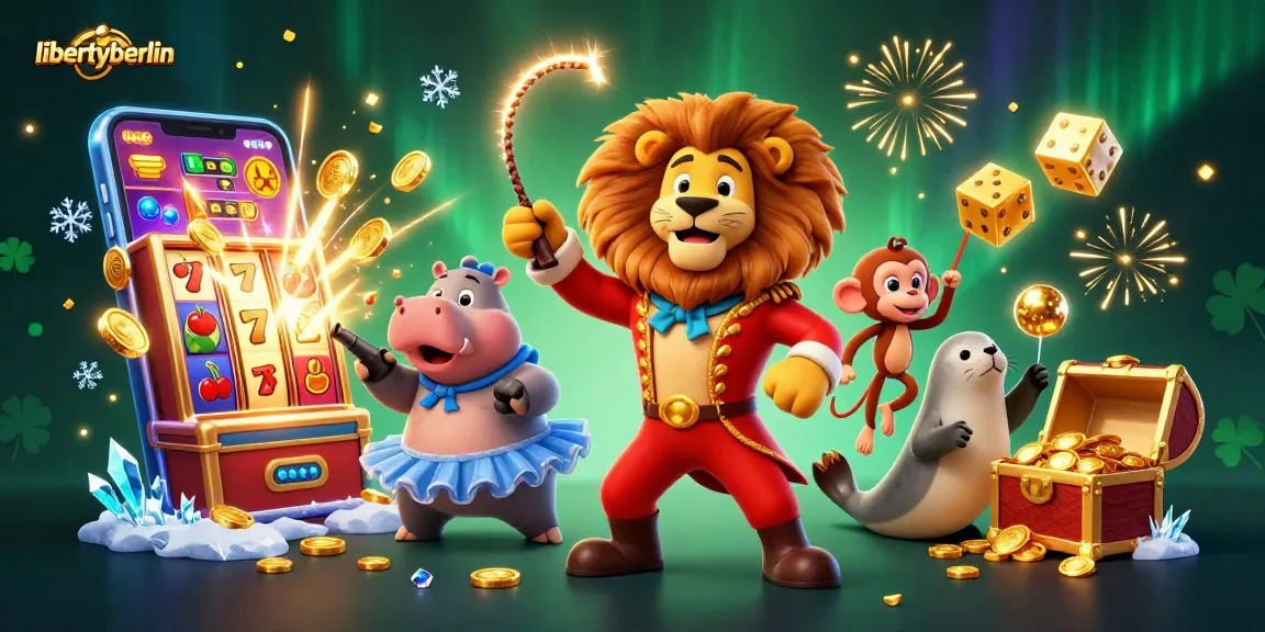 Spin and win at libertyberlin with a vibrant casino scene featuring joyous gambling characters and slot machine action.