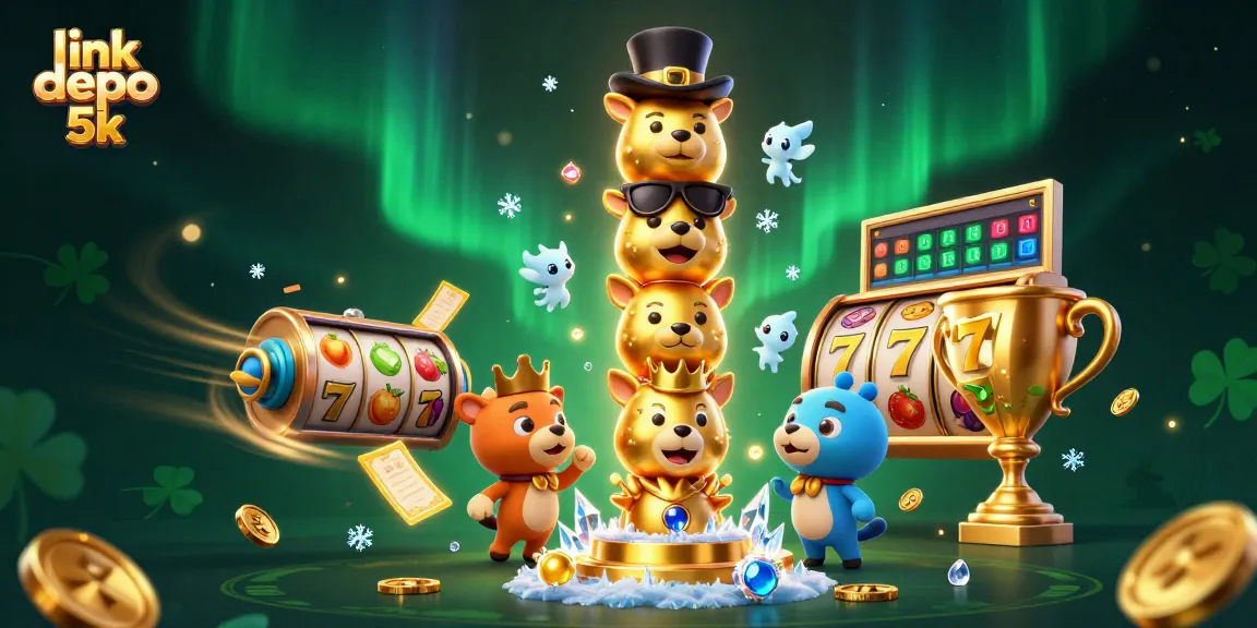 Engage with the dynamic gaming world of link depo 5k, featuring colorful slots, joyous characters, and animated casino elements.