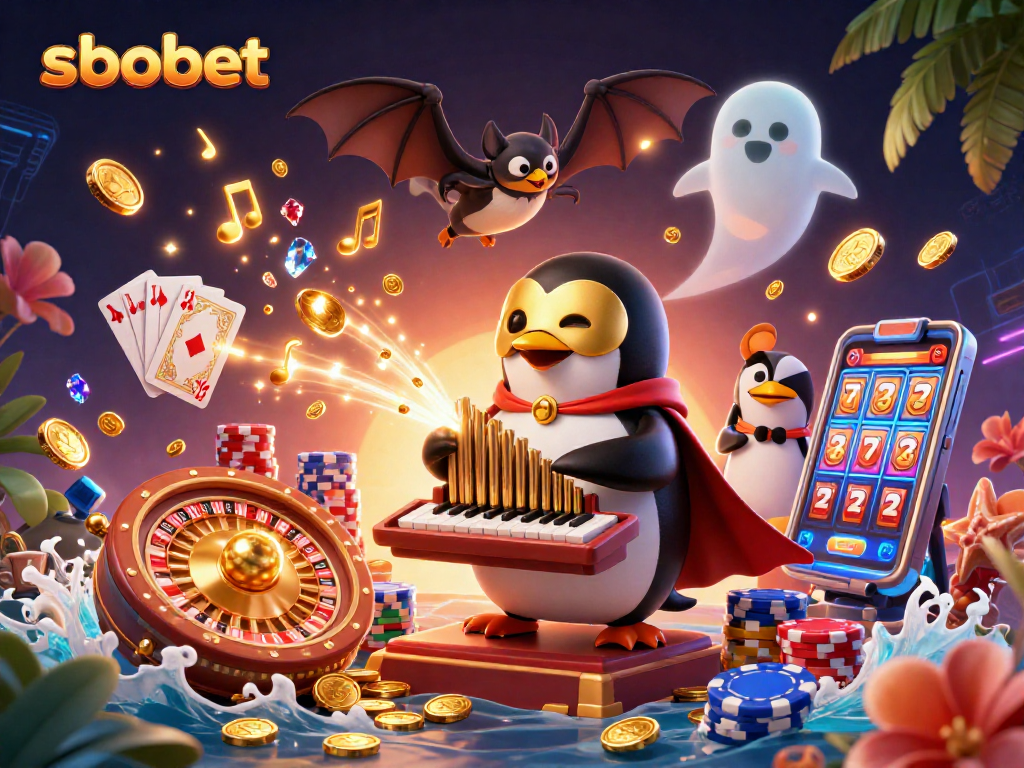 Experience sbobet action with a vibrant scene of a phantom penguin and golden casino elements