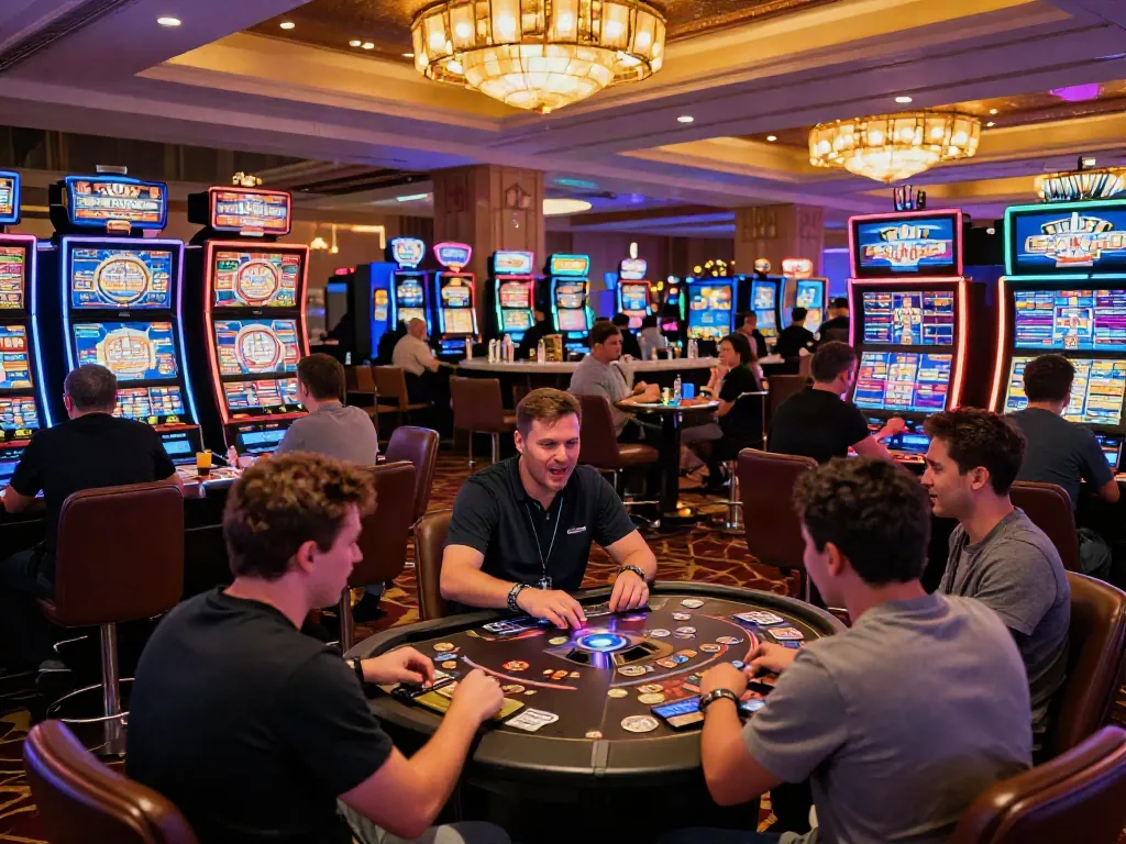 Dynamic scene of diverse players enjoying slot machines in a vibrant casino.
