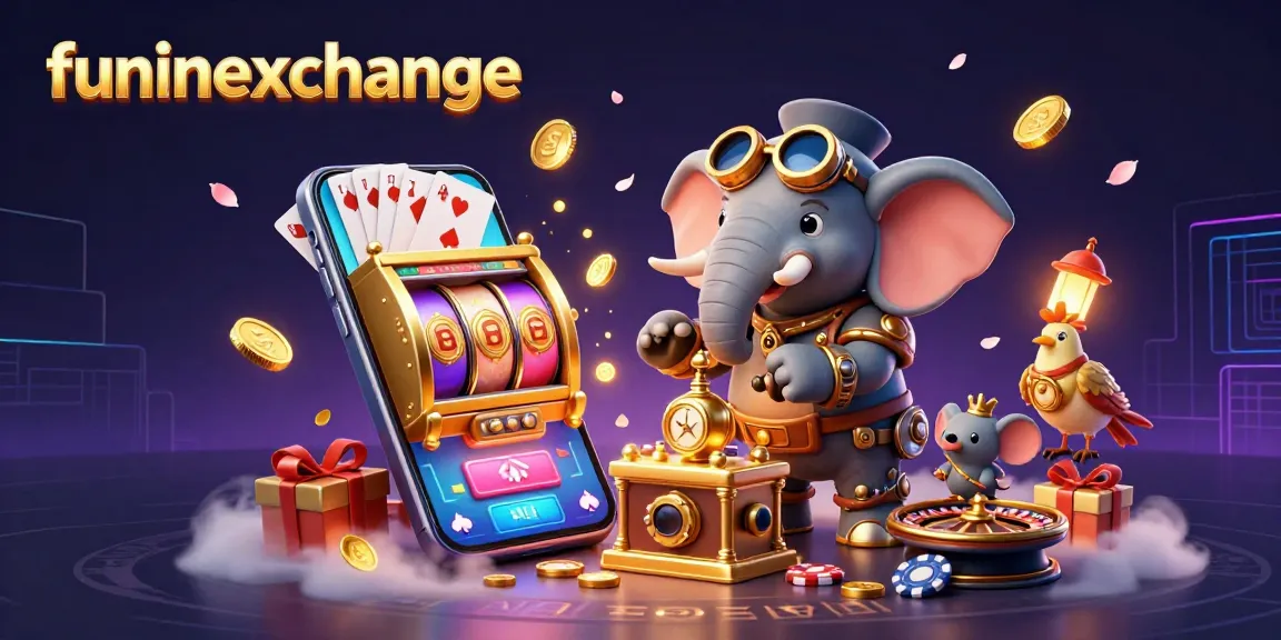 Spin to win at funinexchange with a steampunk elephant running a colorful slot machine, surrounded by themed gaming elements.