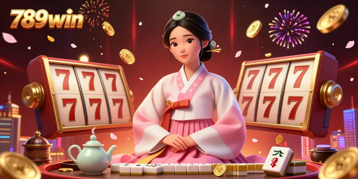 Engage in thrilling gameplay with 789win showcasing a serene Asian woman in traditional attire amid vibrant casino elements.