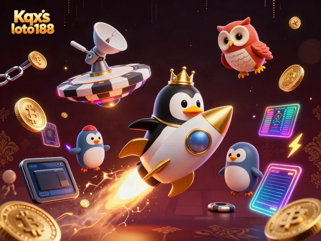 Experience the excitement of Kqxs loto188 with a golden penguin journeying through a vibrant casino-themed universe.