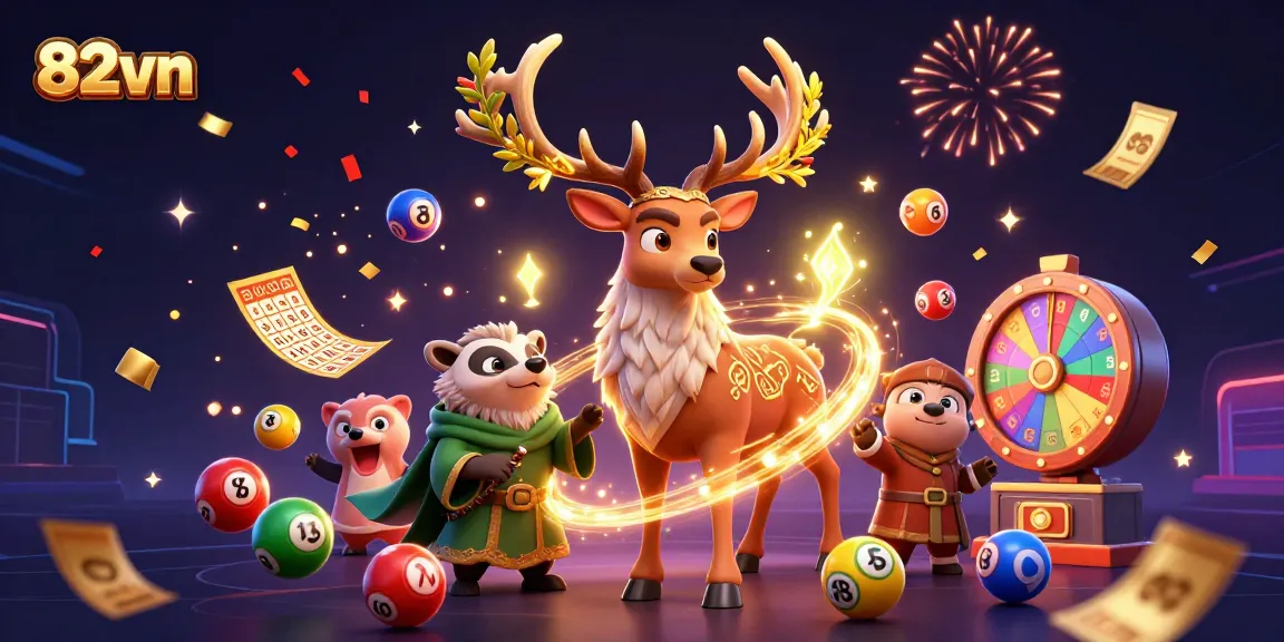 Engage with 82vn's exciting casino experience featuring vibrant lottery elements and magical characters.