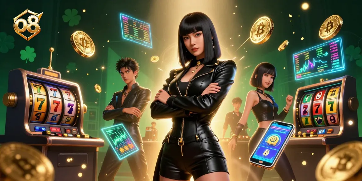 Join the excitement at o8 with Bitcoin coins and jackpot slots in a vibrant casino scene.
