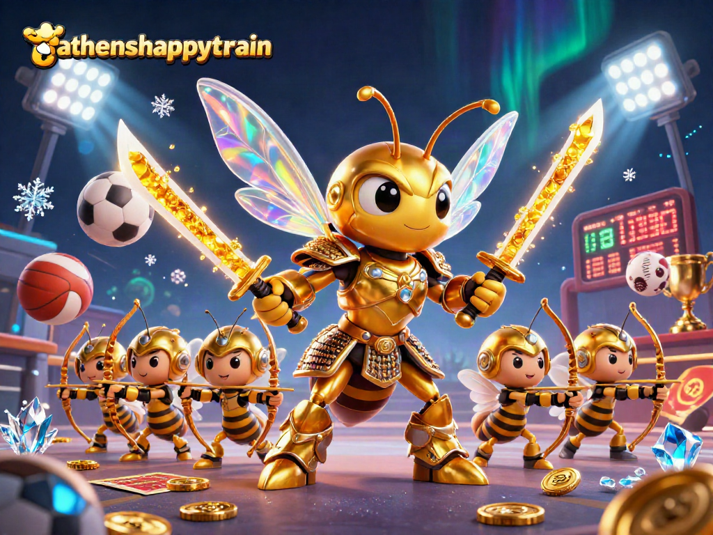 Engage with athenshappytrain's exciting visuals featuring a hornet samurai surrounded by sports elements in a dynamic casino scene.