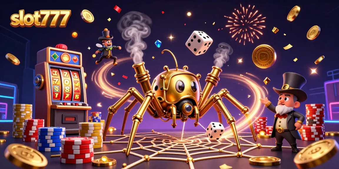 Experience thrilling gameplay at slot777 with a vibrant scene full of golden coins, slots, and playful characters.
