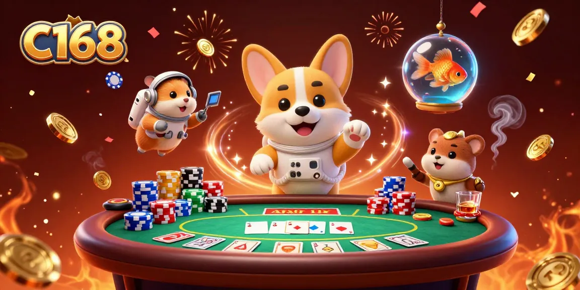 Experience the thrilling action at C168 as the cartoon corgi explores a space casino filled with poker fun!