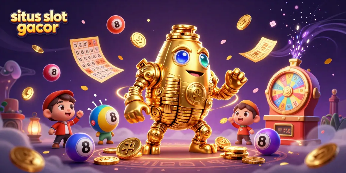 situs slot gacor showcases a vibrant golem with lottery balls, bingo cards, and tickets amidst dynamic gold coin sprites.