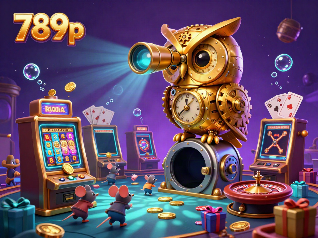 Engage in thrilling gaming action at 789p with a dynamic casino floor scene of a golden owl and vibrant slot games.