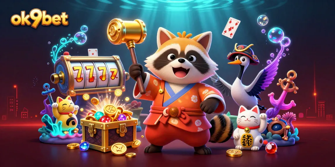 Spin to win with ok9bet in this vibrant online casino illustration featuring a tanuki and slots!