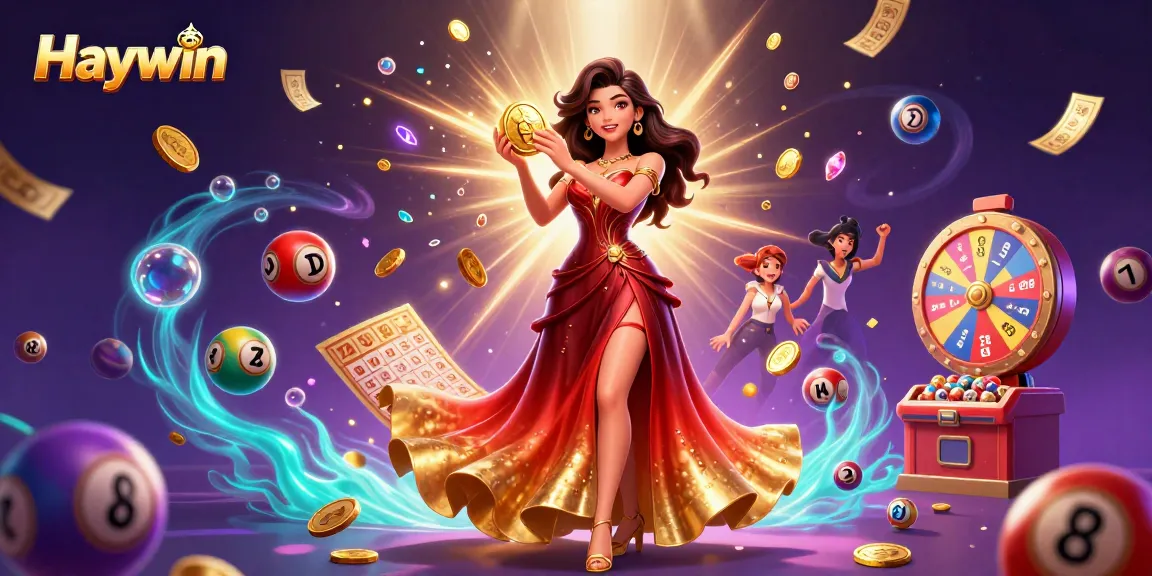 Experience thrilling gaming at Haywin with a glamorous Asian woman amidst coins and dynamic gambling elements.